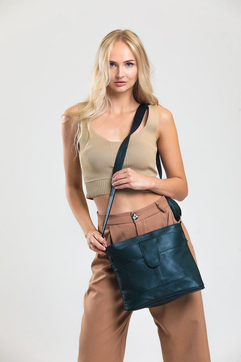 Fubileather Women's Crossbody Khaki Green Genuine Leather Crossbody Messenger Bag