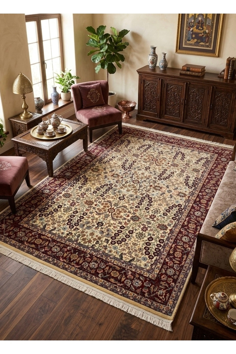FT Carpetry White Seven Mountains Flower Sumerbank Hereke Handwoven Carpet - MALLTURK