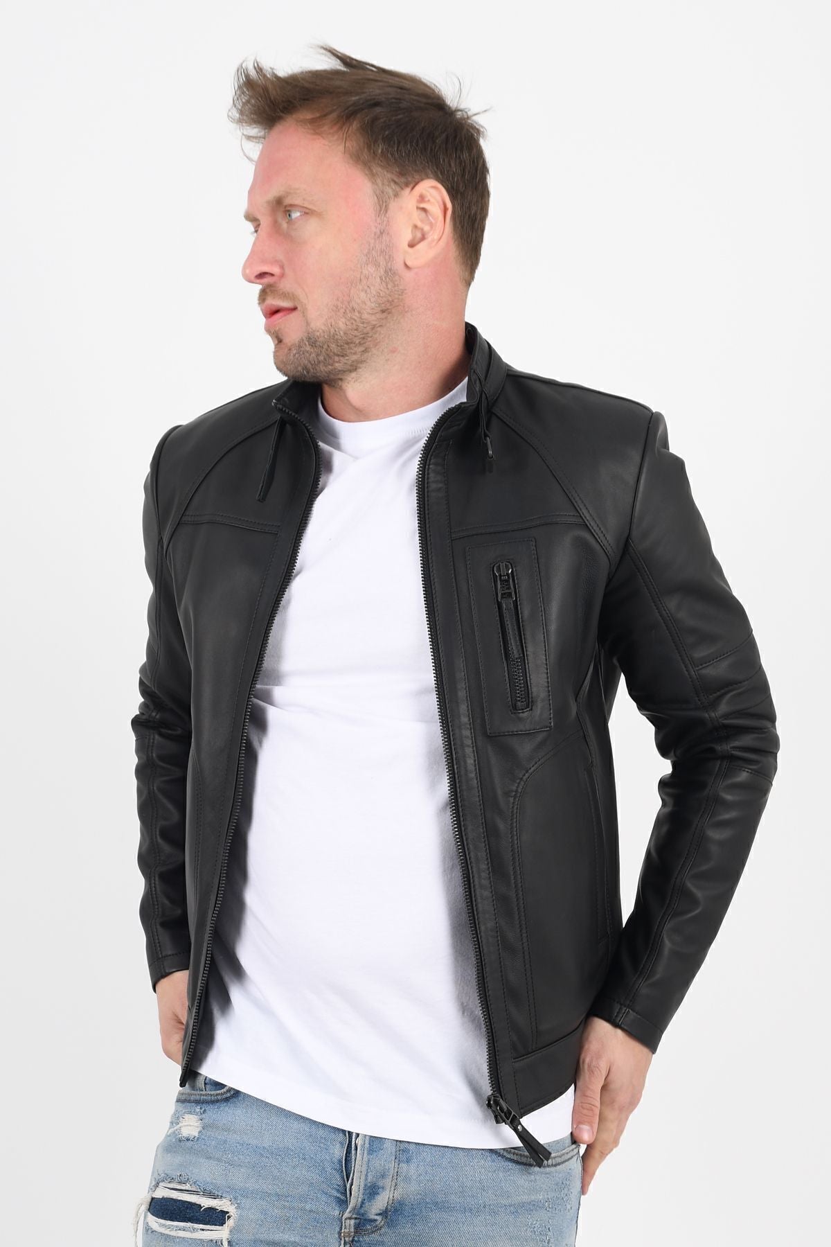 ALIN Theroux Men's Genuine Leather Relaxed Fit Leather Jacket Black - MALLTURK