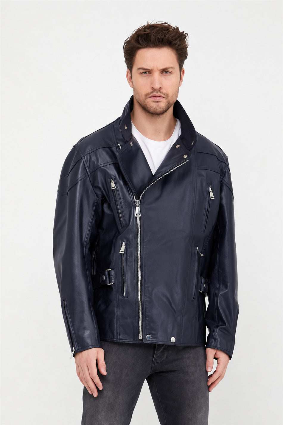 Casaco de cabedal oversize azul-marinho Leather Club