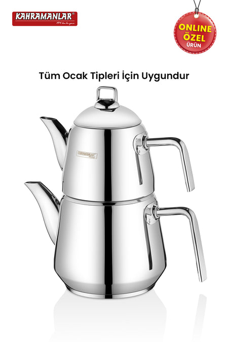 Kahramanlar Milano Medium Size Teapot Set Stainless Steel with Steam Lid Platinum - MALLTURK
