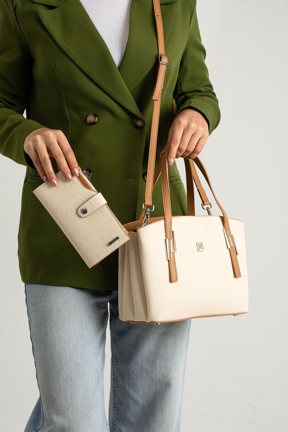 Just Polo Beige Women's Embossed Print Shoulder and Handbag with Long Adjustable Shoulder Strap 4030 - MALLTURK
