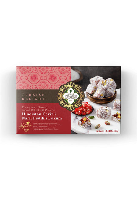 MESHUR safranbolu lokumcusu Pomegranate Flavored Flavored Pistachio Turkish Delight 400 g - MALLTURK