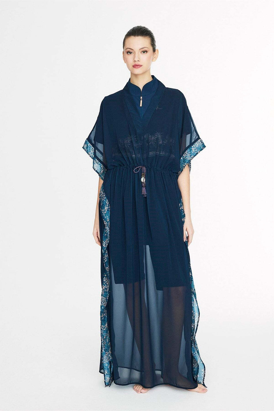 Navy Blue Long Pareo with Tassel Detail, Patterned, 1004