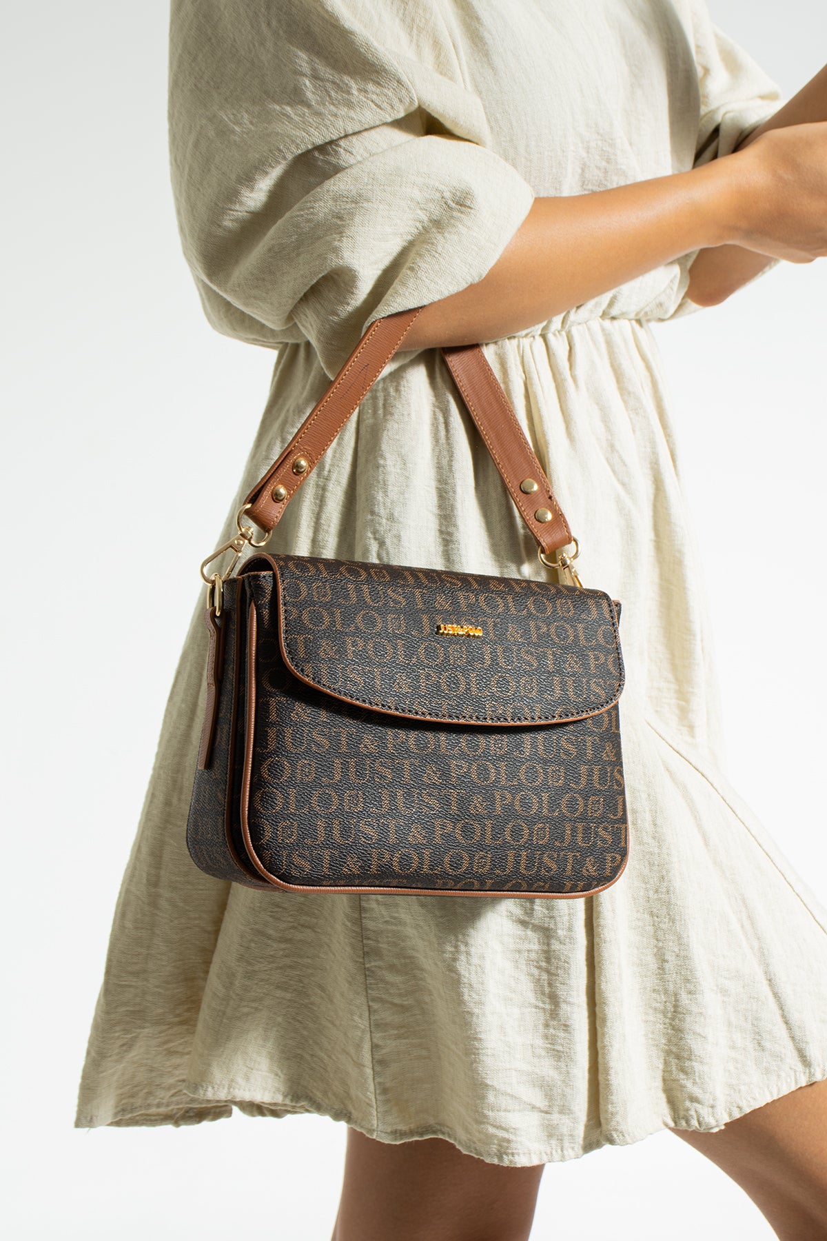 Just Polo Women's Three-Compartment Shoulder Bag and Wallet Set Brown - MALLTURK