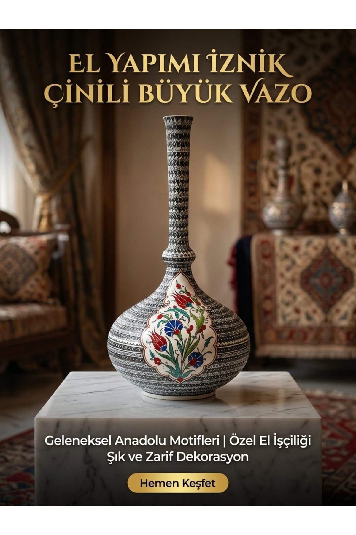 General Brands Handmade Custom Designed Iznik Tile Large Vase - MALLTURK