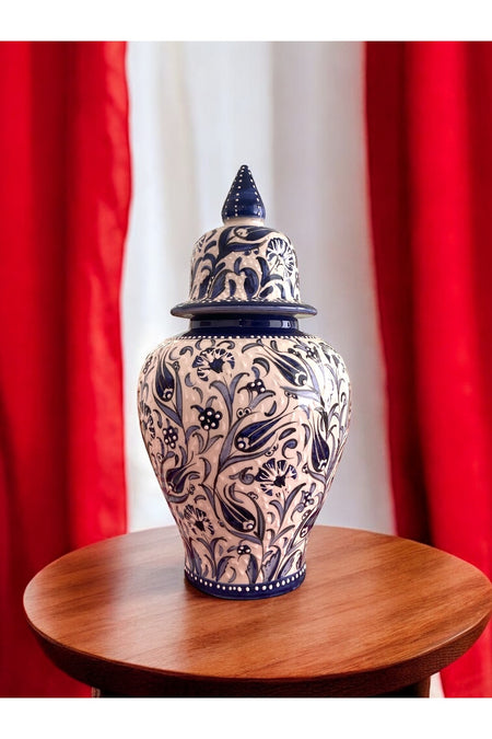 STORESZA Handmade Kutahya Ceramic Tile Shah Jar Vase - 42cm Dark blue - MALLTURK