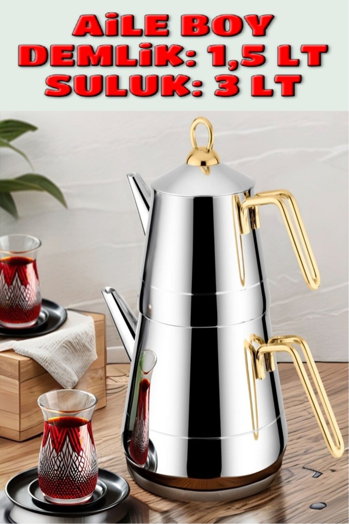 Lines Pyramid Stainless Steel Teapot Set, Family Size, Gold Handle 3056 - MALLTURK