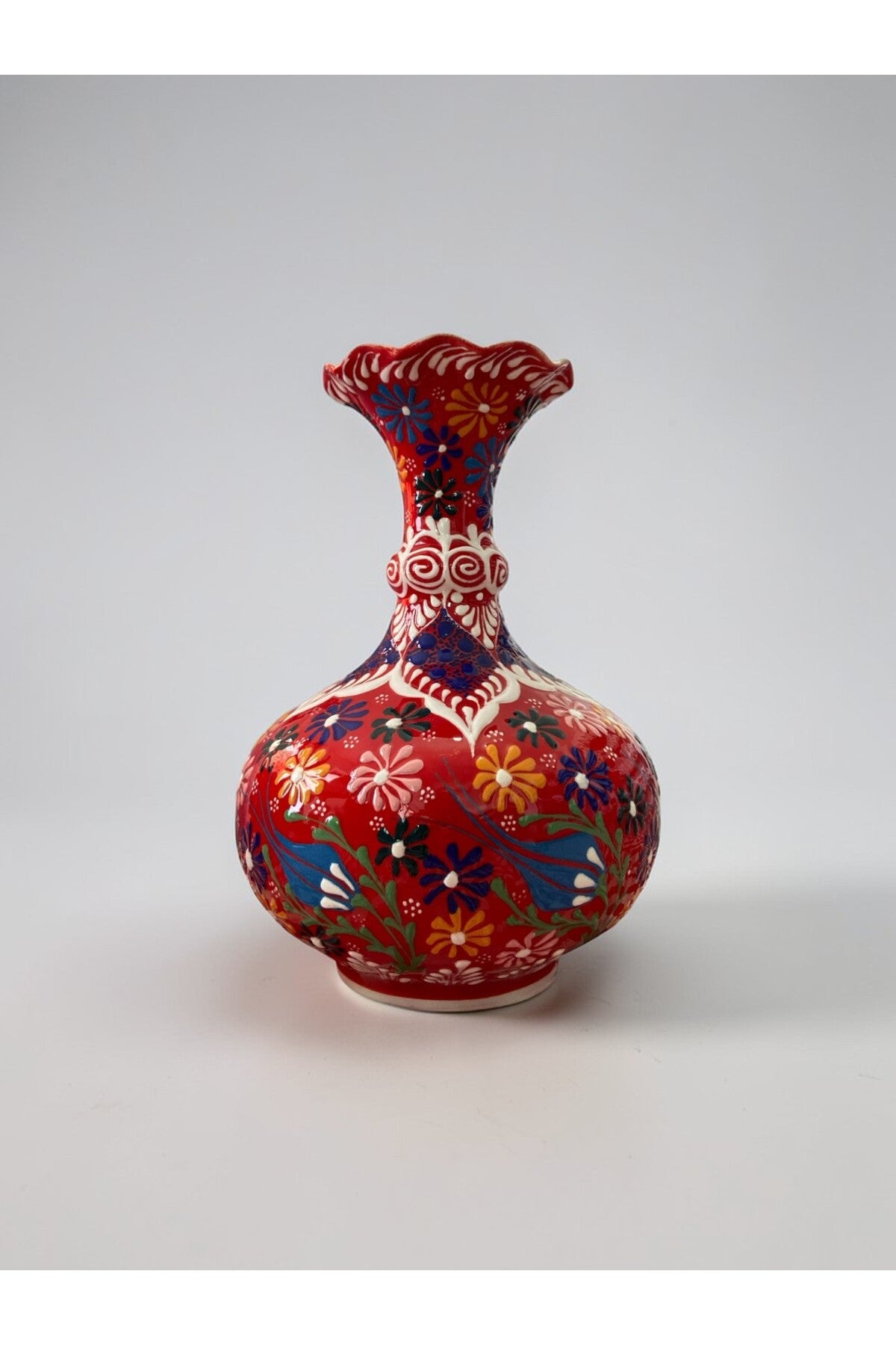 YOOS Handmade Embossed and Lace Work Flower Motif Red Triple Ceramic Lettuce Vase Set (30-25-20)cm - MALLTURK