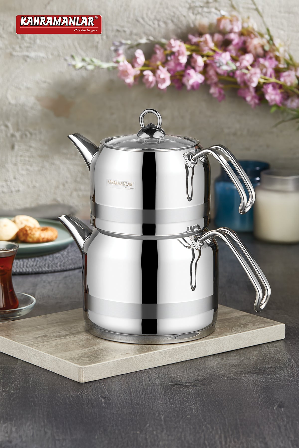 Kahramanlar Milano Mega Size Platinum Teapot Set - MALLTURK