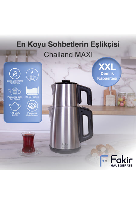 Fakir Chailand Maxi XXL Tea Maker, Stainless Steel, 1650W, 2L Water Capacity, 1.45L Teapot, Automatic Shut-off. - MALLTURK