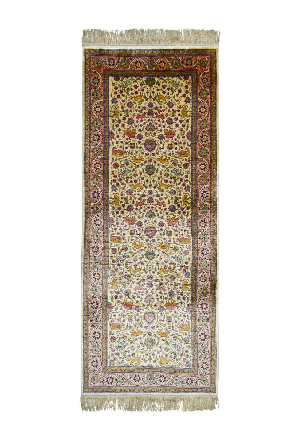 Handmade Pure Silk Hand-Woven Cream and Pink Color Kayseri Rug Runner 82x200 cm (1.64 m2)