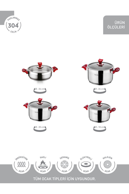 Hascevher Yaprak 8 Piece Induction Compatible Cookware Set Cam with Lid Cookware Set