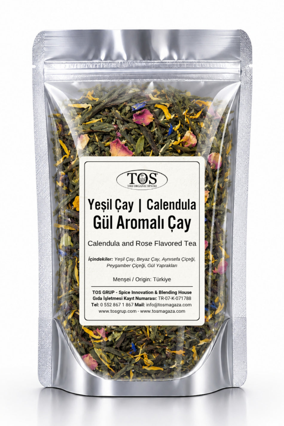 TOS The Organic Spices Green Tea | Calendula and Rose Flavored Tea 40 gr (1st Quality) Green Tea | Calendula & Rose Tea