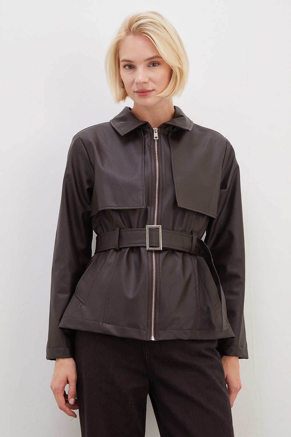 Cape Detailed Belted Faux Leather Coat