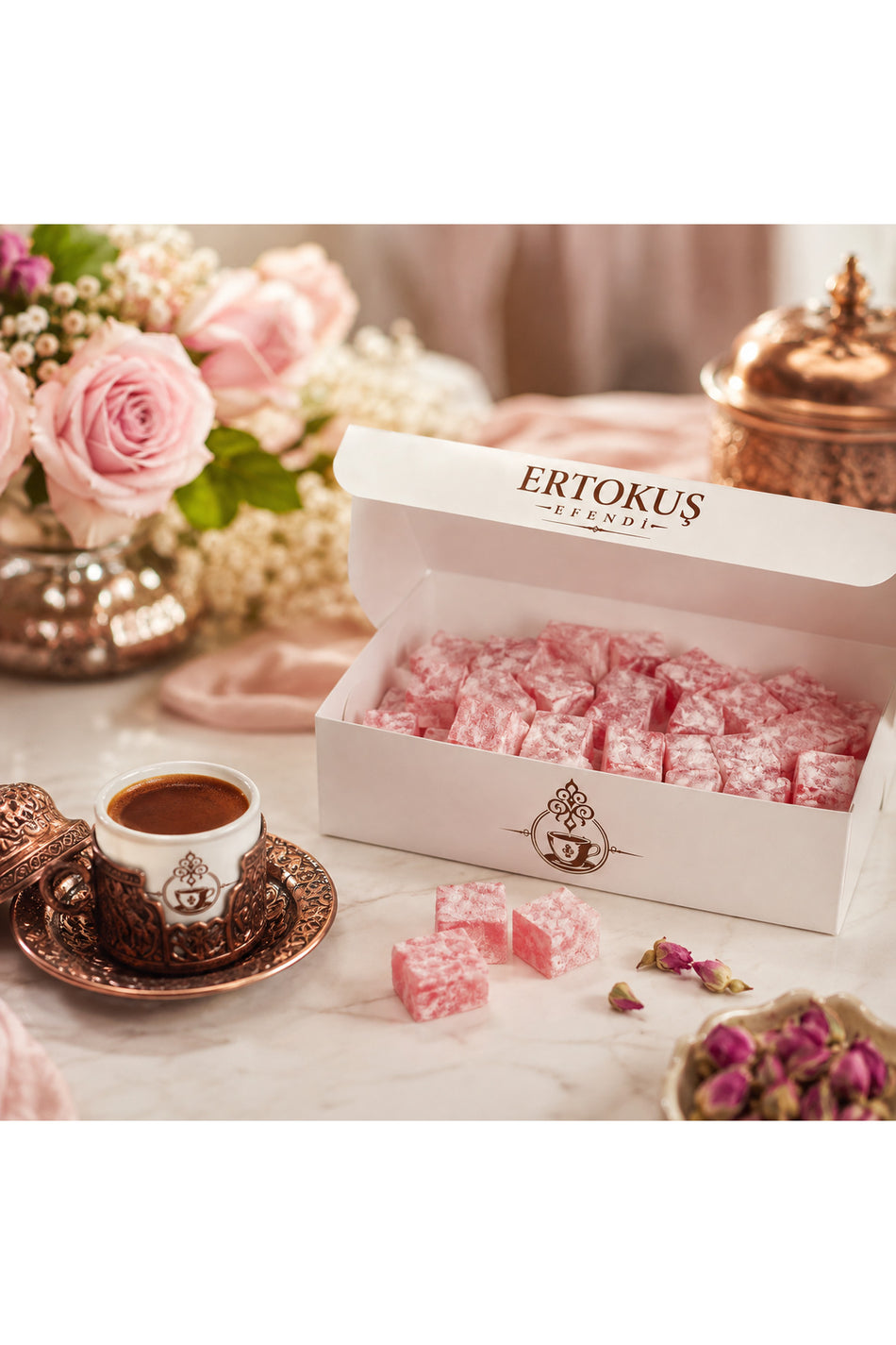 Ertokus Efendi isparta Rose Flavored Mini Turkish Delight Double Roasted 100 Beet Sugar 250 g - MALLTURK