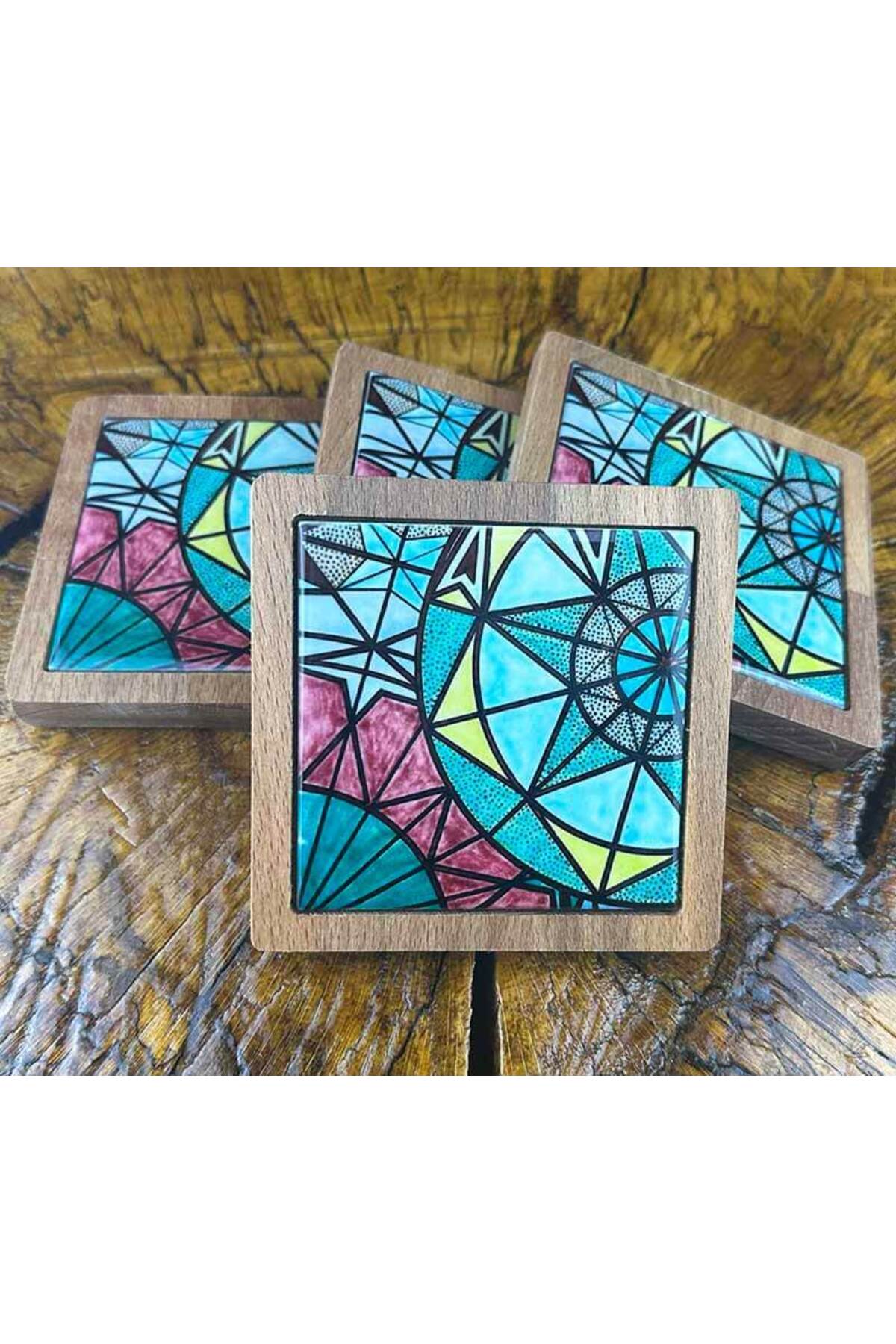Cini Evi Geometric Pattern Wooden Coaster Set - MALLTURK