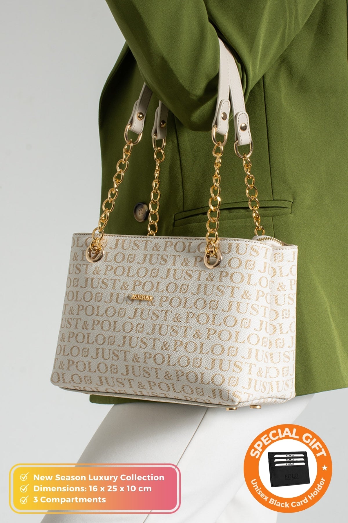 Just Polo Original Women's 3-Compartment Luxury Soft Leather Adjustable Cream Crossbody Bag with Chain Detail Shoulder Bag - MALLTURK