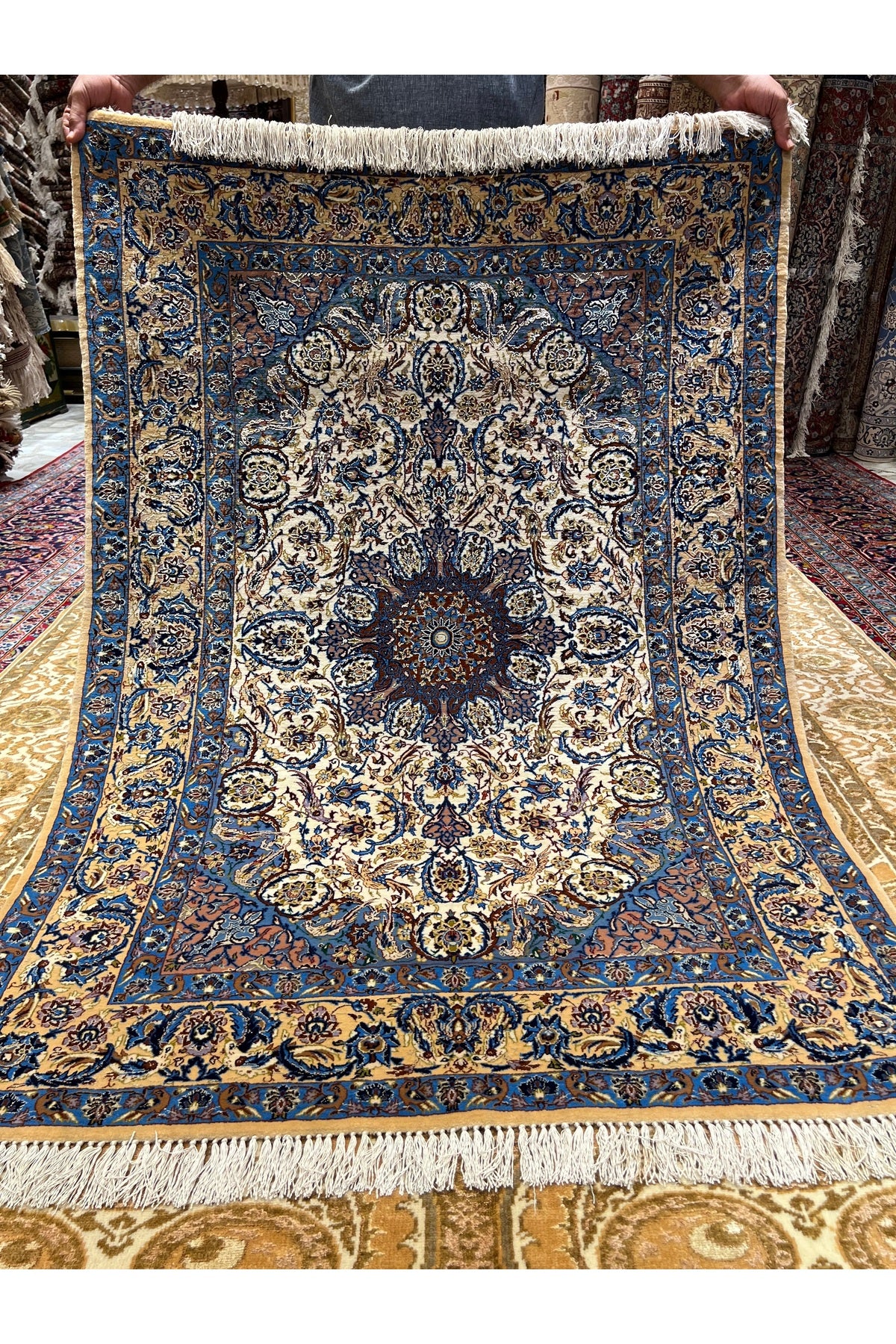 RD RAMAZAN DAG Hand Rug Art Hand-Woven Iranian Silk Blend Isfahan Rug Quality Exceptional Size 160x110 - MALLTURK