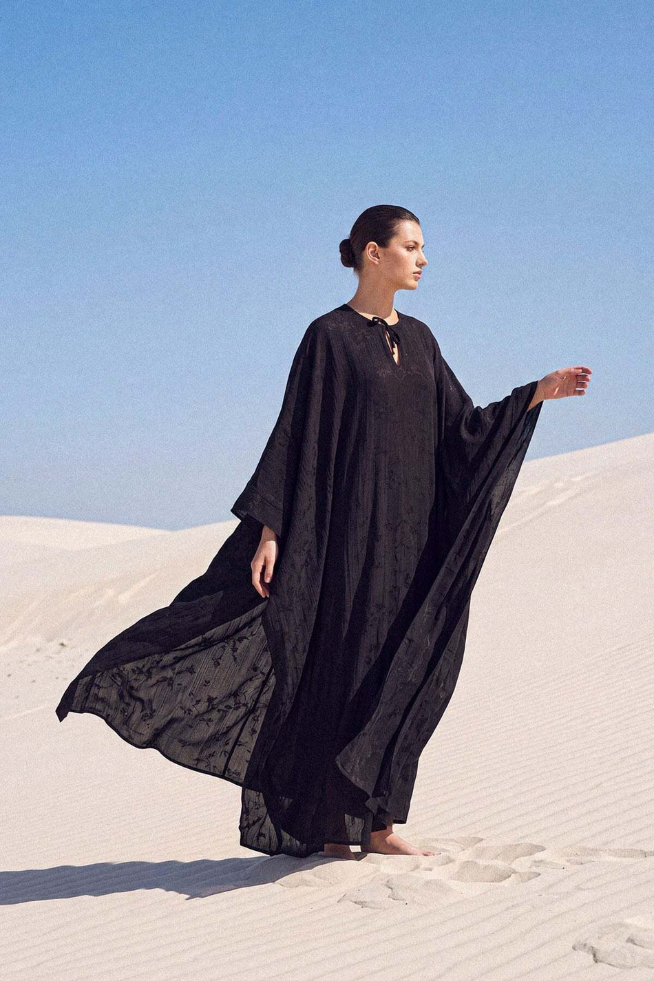 Black Long Pareo with Floral Pattern and Neckline Tie Detail 1009