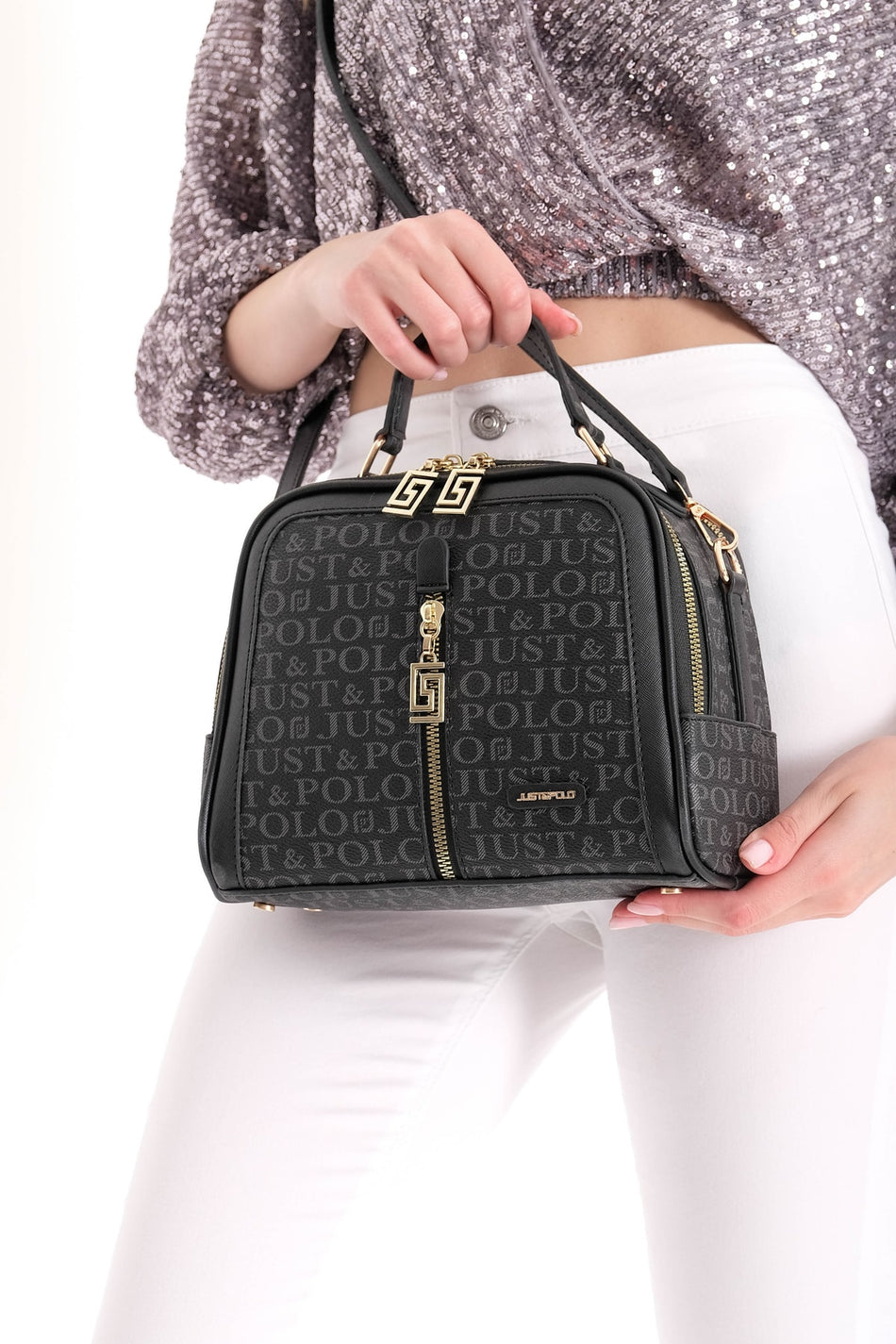 Just Polo Women's Black 4-Compartment Adjustable Long Strap Hand and Shoulder Bag - MALLTURK
