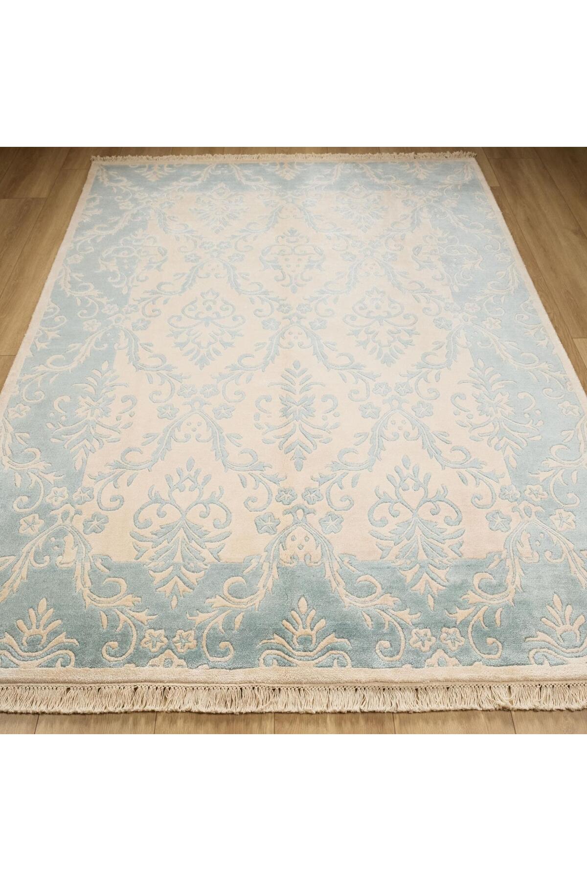 Halicizade Fiber Series Damask Pattern Handwoven Carpet - Fiber Beige Blue Border - MALLTURK
