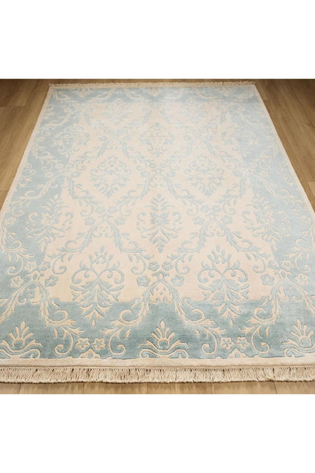 Halicizade Fiber Series Damask Pattern Handwoven Carpet - Fiber Beige Blue Border - MALLTURK