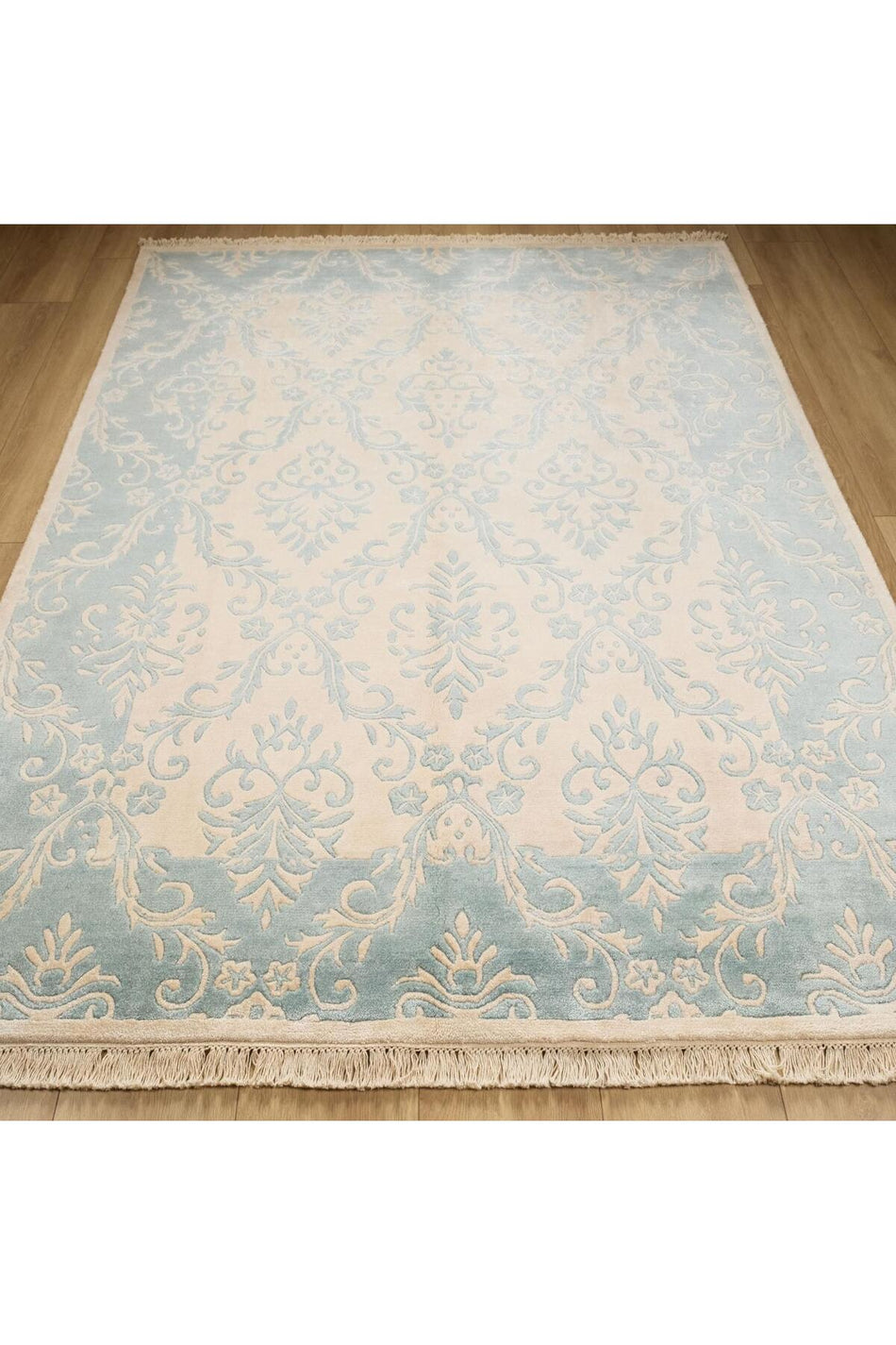 Halicizade Fiber Series Damask Pattern Handwoven Carpet - Fiber Beige Blue Border - MALLTURK
