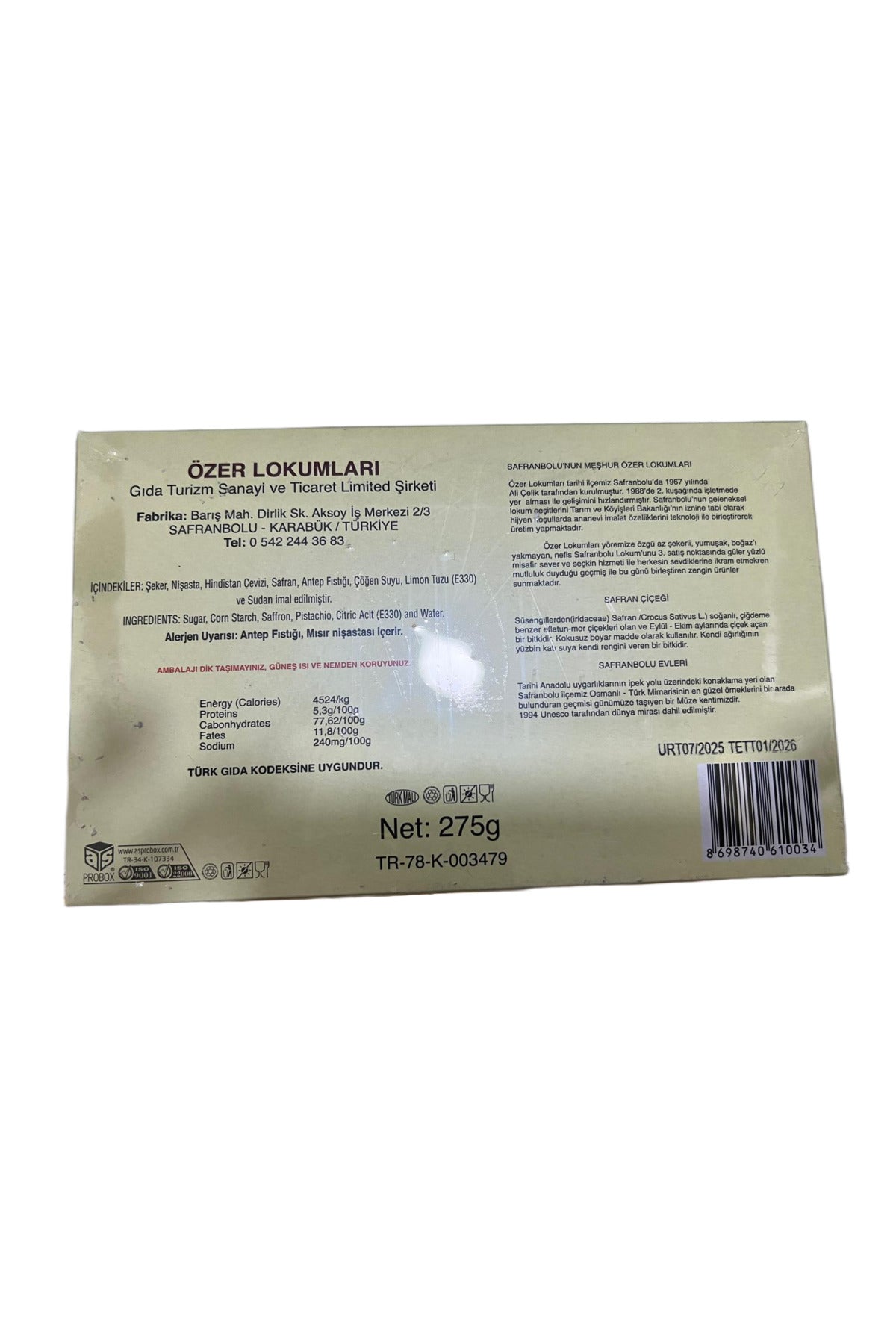 ALI celik tarihi safranbolu ozer lokumlari 1967 safranli safranbolu Turkish Delight 275 g - MALLTURK