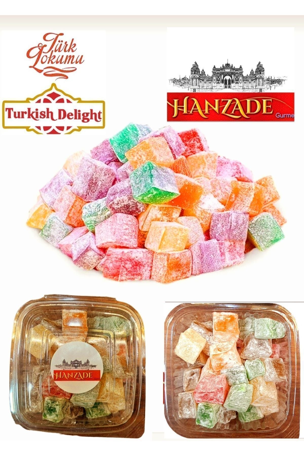 HANZADE GURME Mixed Fruit Double Roasted Mini Turkish Delight 200 g Afyon Style Turkish Delight
