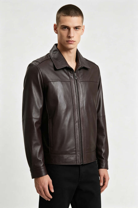 ALIN Leo Men's Genuine Leather Casual Jacket Brown - MALLTURK