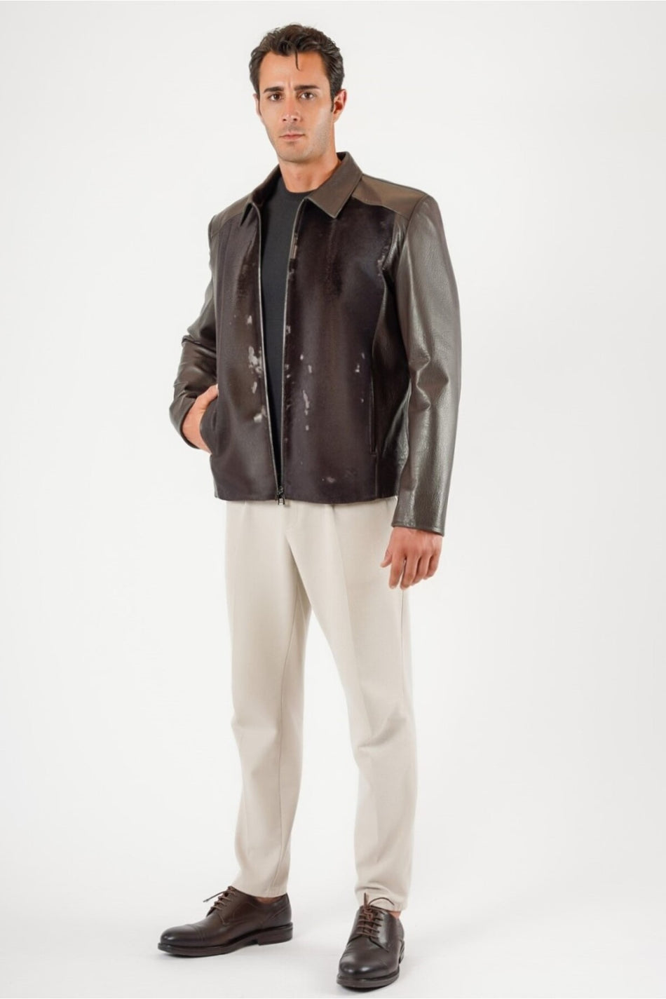 Leather Club koffietbruine jas van echt leer met bontrand