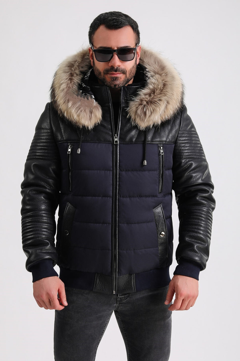 Manteau en cuir bleu marine avec fourrure de renard et accessoires Leather Club
