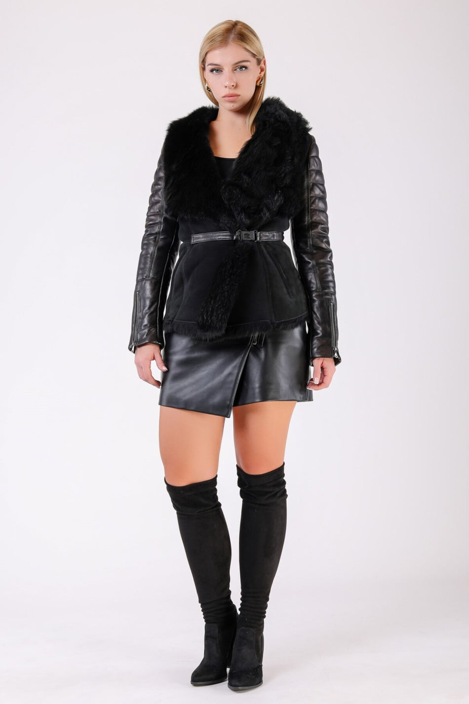 Leather Club Black Leather Trimmed Fur Coat