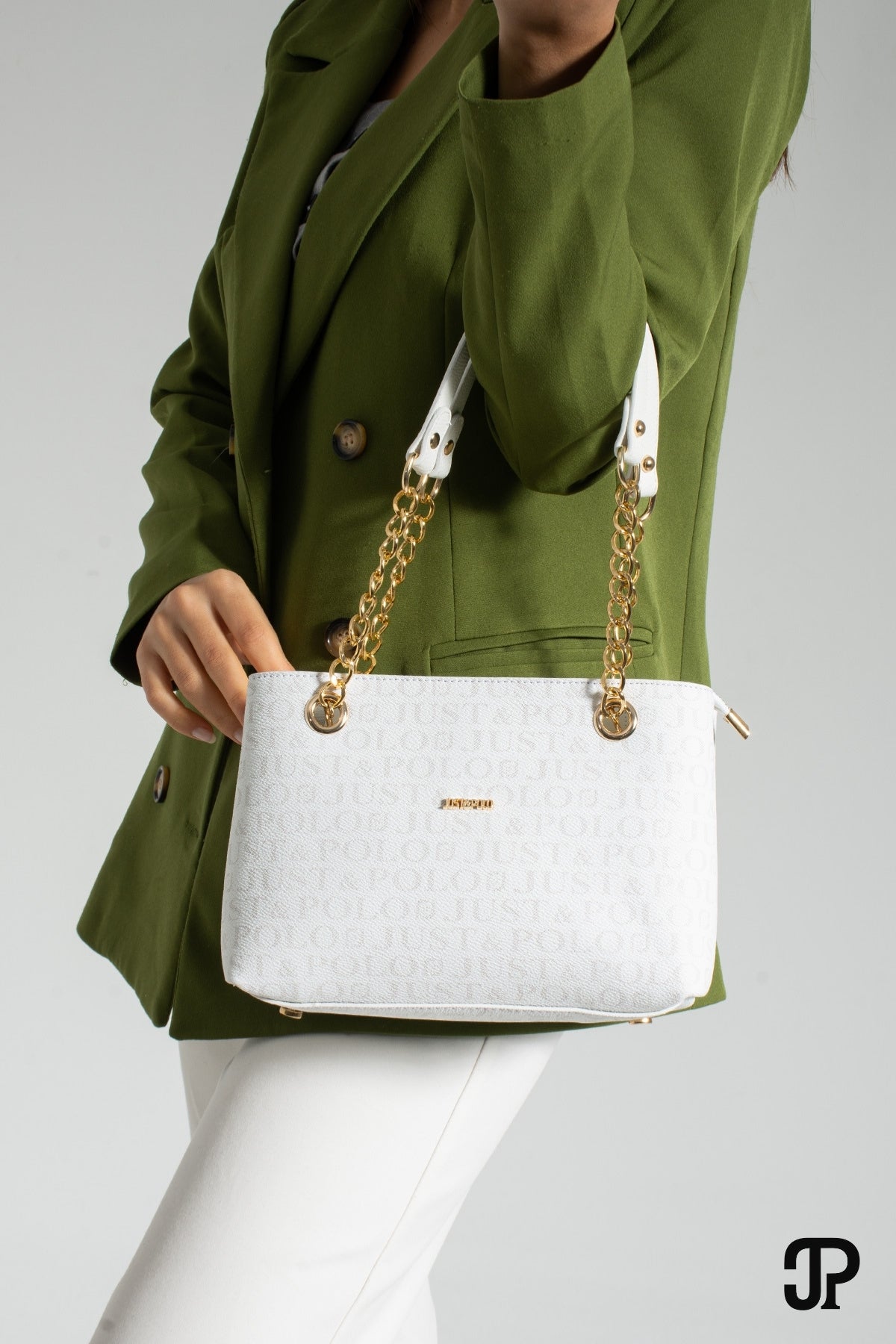 Just Polo Original Women's 3-Compartment Luxury Soft Leather Adjustable Crossbody Bag with Chain Detail Shoulder Bag White Bag - MALLTURK