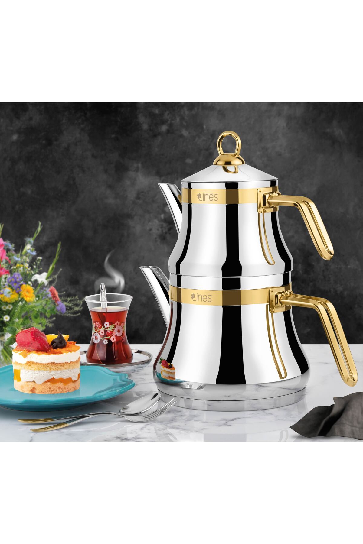 Lines Naz Mini size Stainless Steel Teapot with Gold Belted Handle 18/10 - MALLTURK