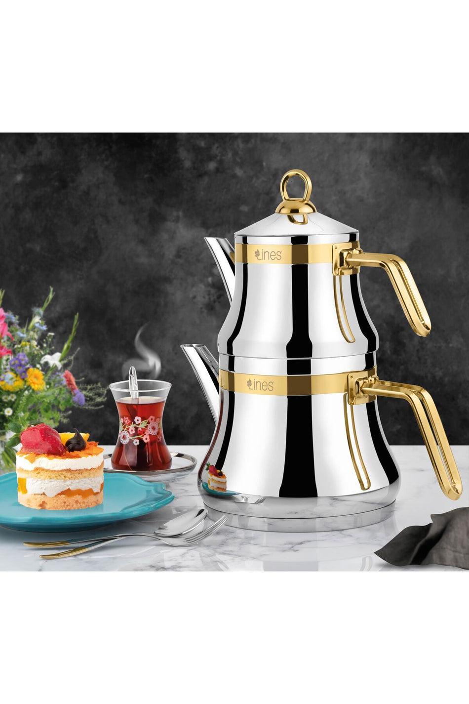 Lines Naz Mini size Stainless Steel Teapot with Gold Belted Handle 18/10 - MALLTURK