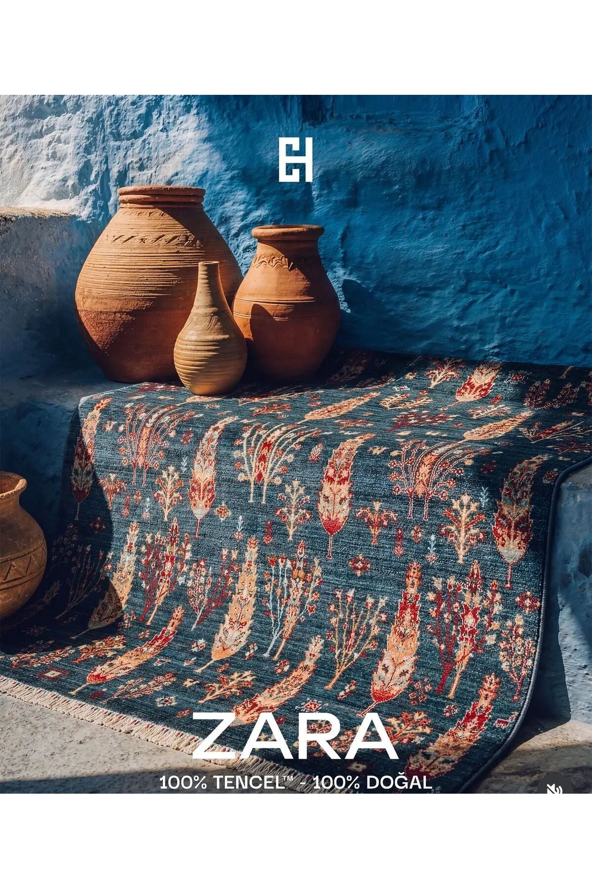 Nesem Hali Boutique EKO Hali Zara ZR 08 Navy Turquoise: A special loom rug shaped by the intensive handiwork of women from Usak. - MALLTURK
