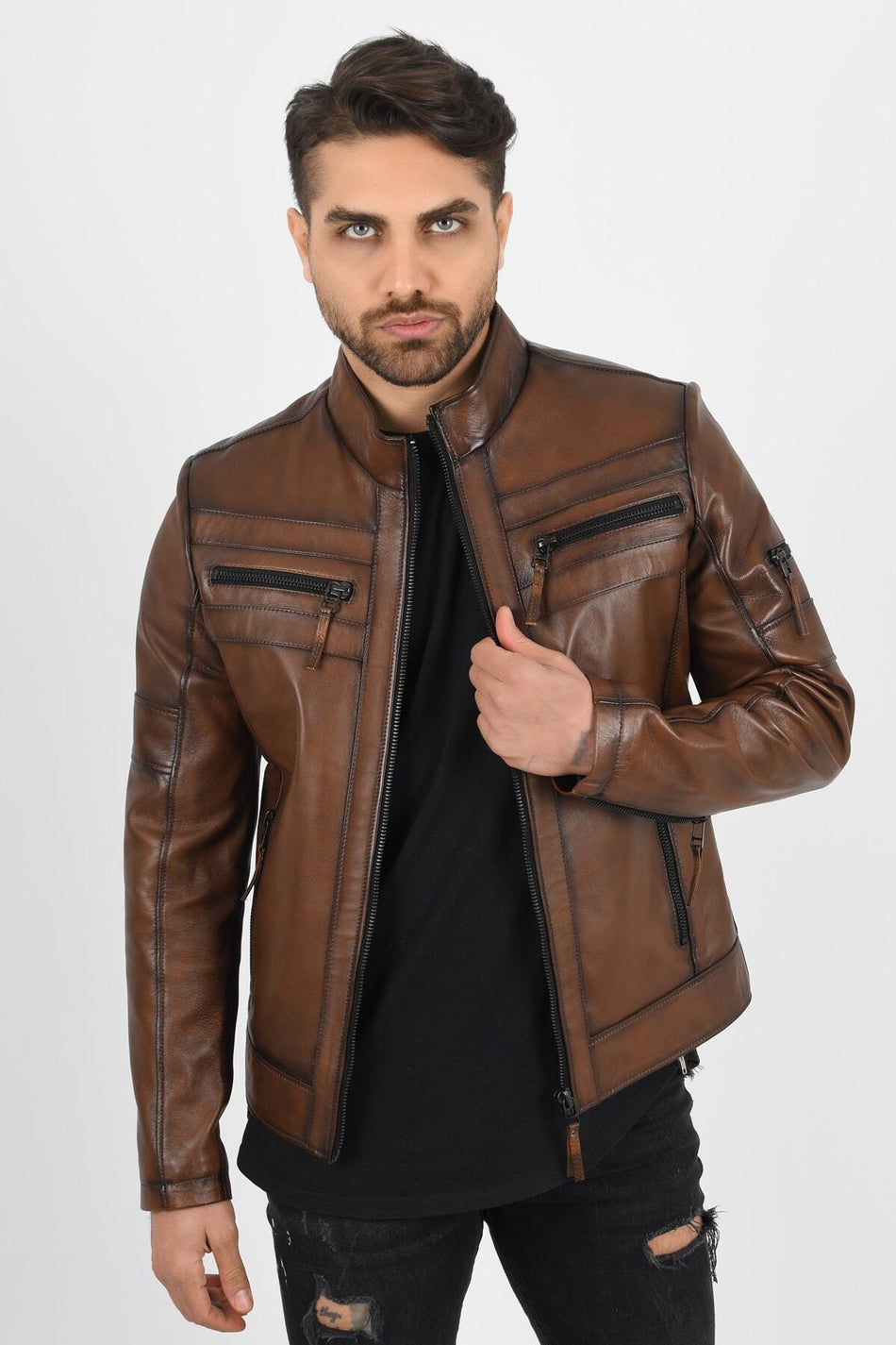 ALIN Men's Shaded Brown Leather Jacket