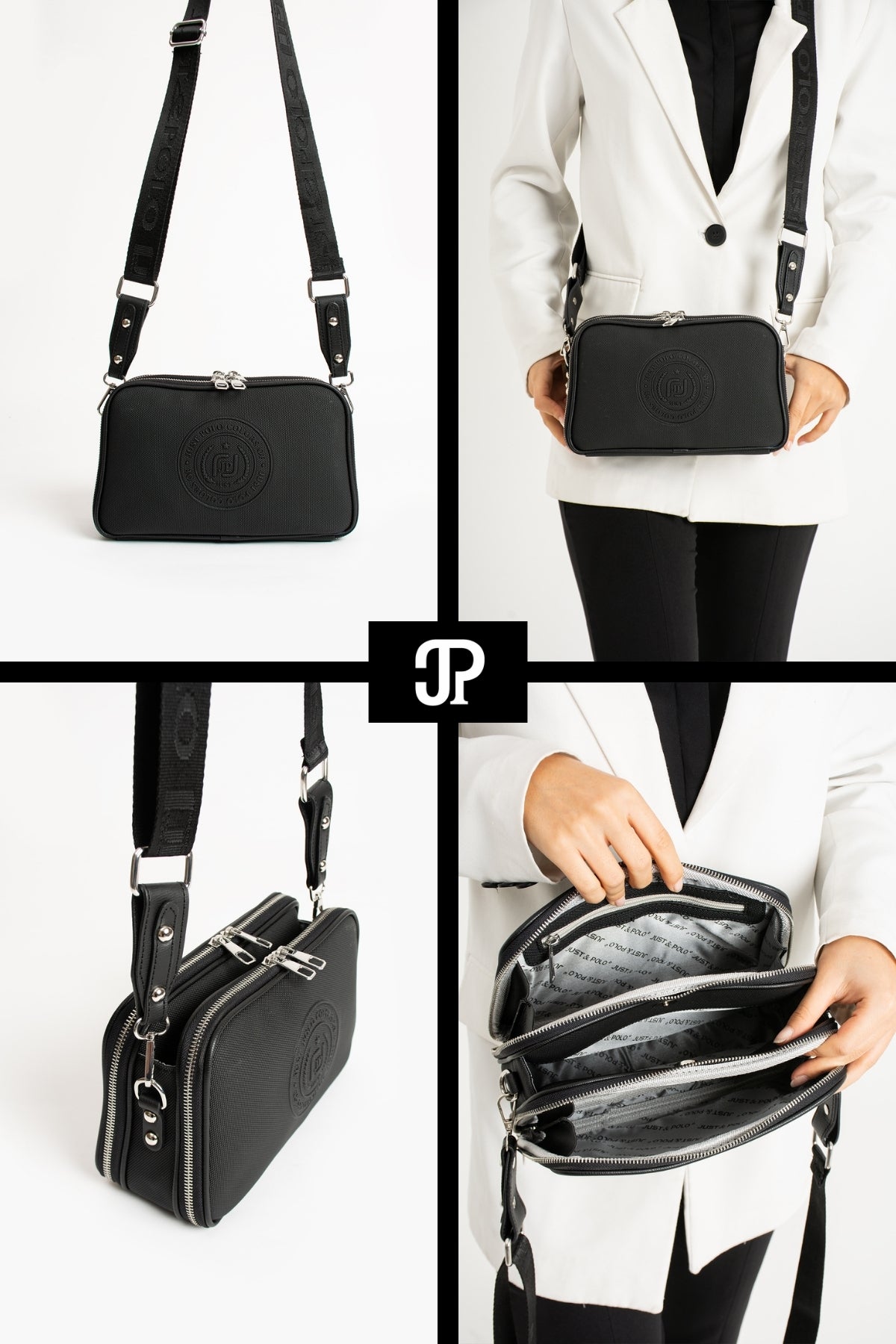 Just Polo Original Women's New Season 5-Compartment Luxury Soft Leather Adjustable Crossbody Shoulder Bag Black - MALLTURK