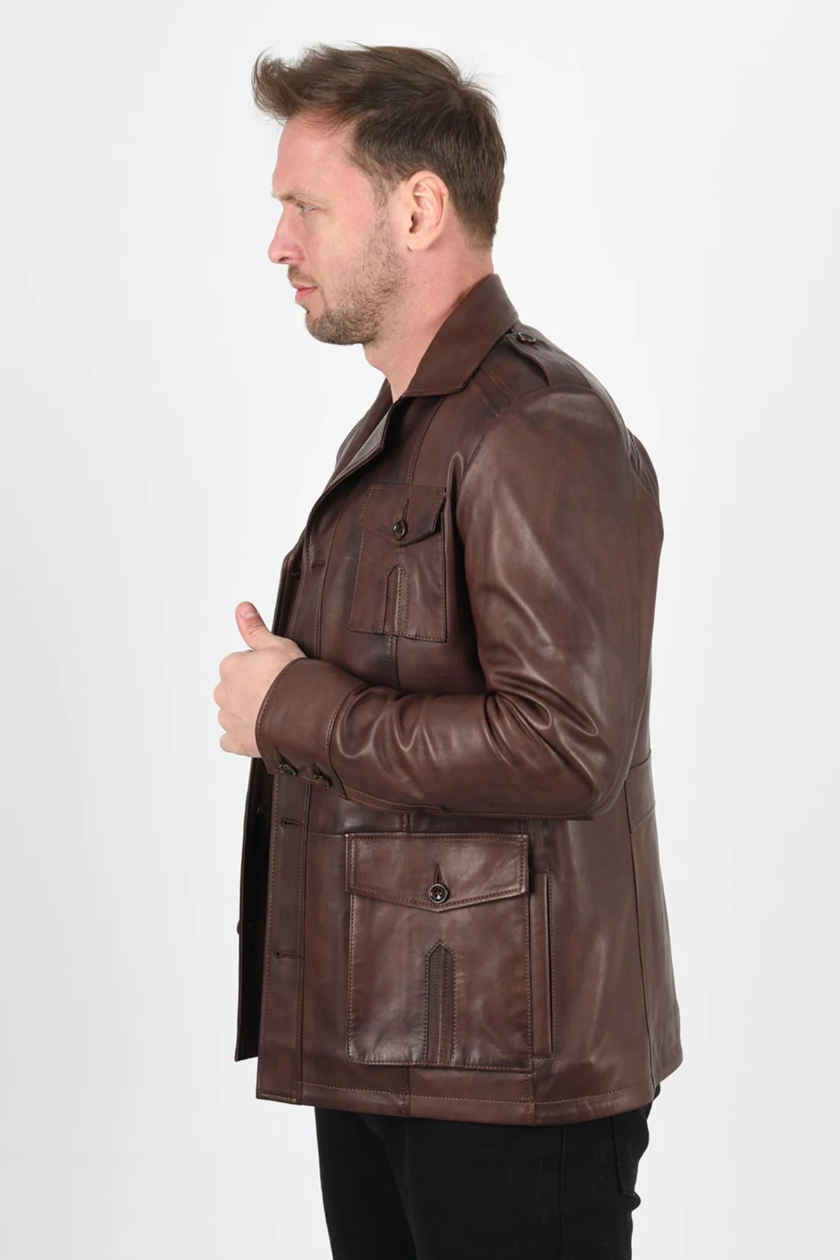ALIN Harrison Men's Genuine Leather Safari Leather Jacket Brown - MALLTURK