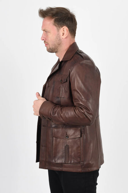 ALIN Harrison Men's Genuine Leather Safari Leather Jacket Brown - MALLTURK