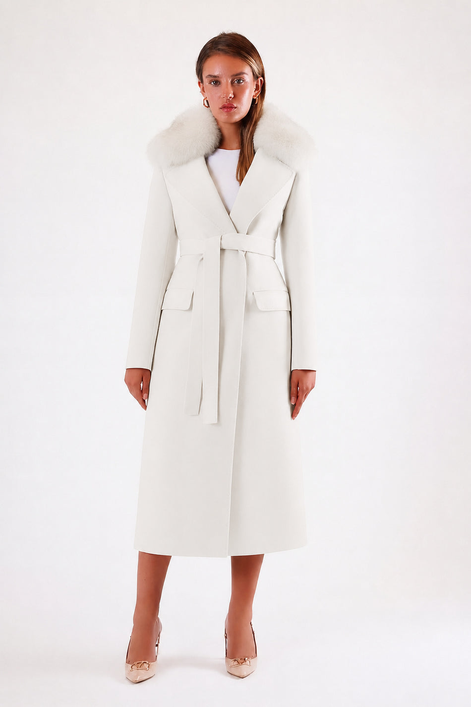 Leather Club Genuine Cashmere Coat with White Fur Accessories