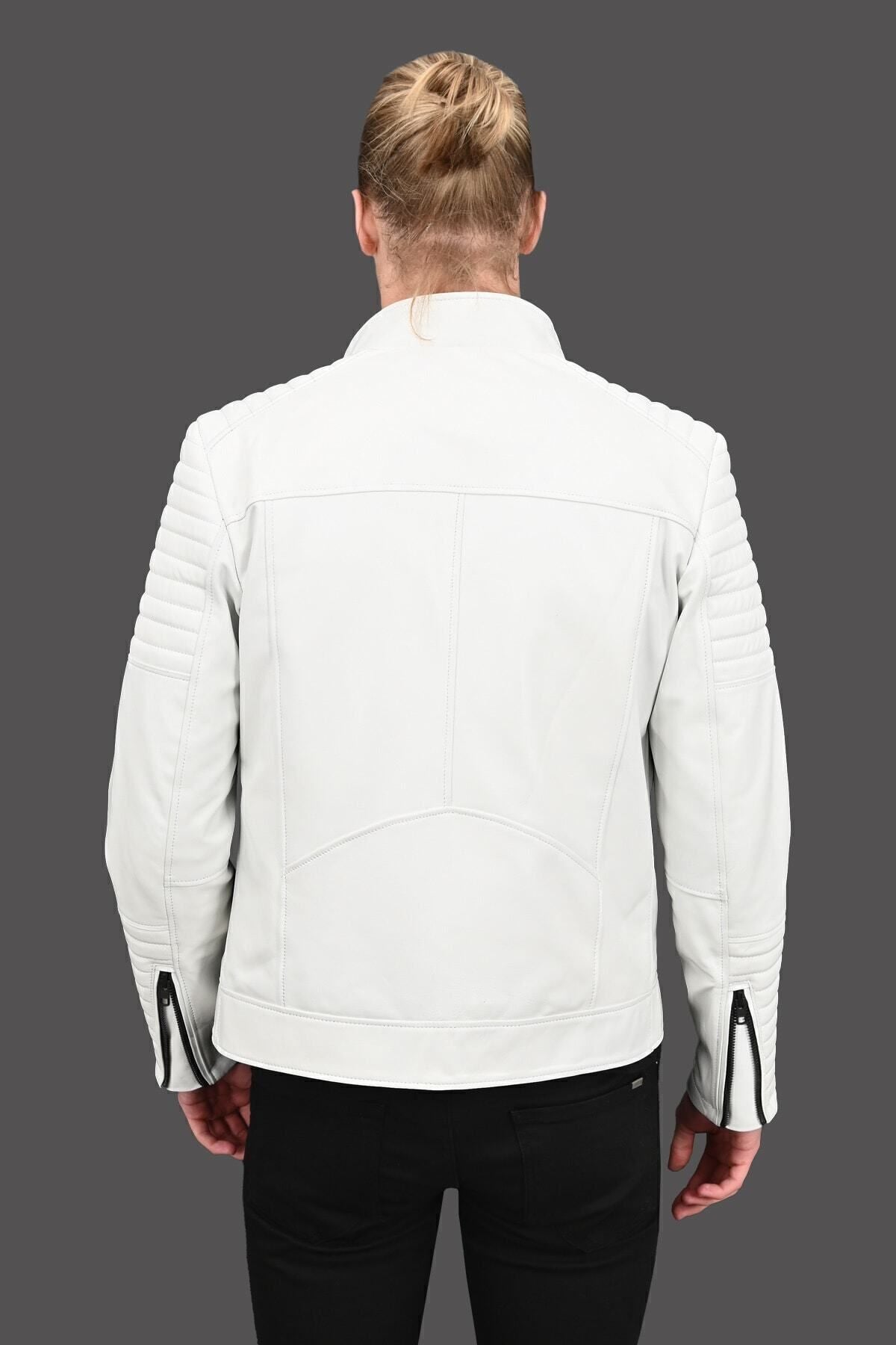 ALIN Sandor Men's Genuine Leather Embossed Stitch Leather Jacket White - MALLTURK