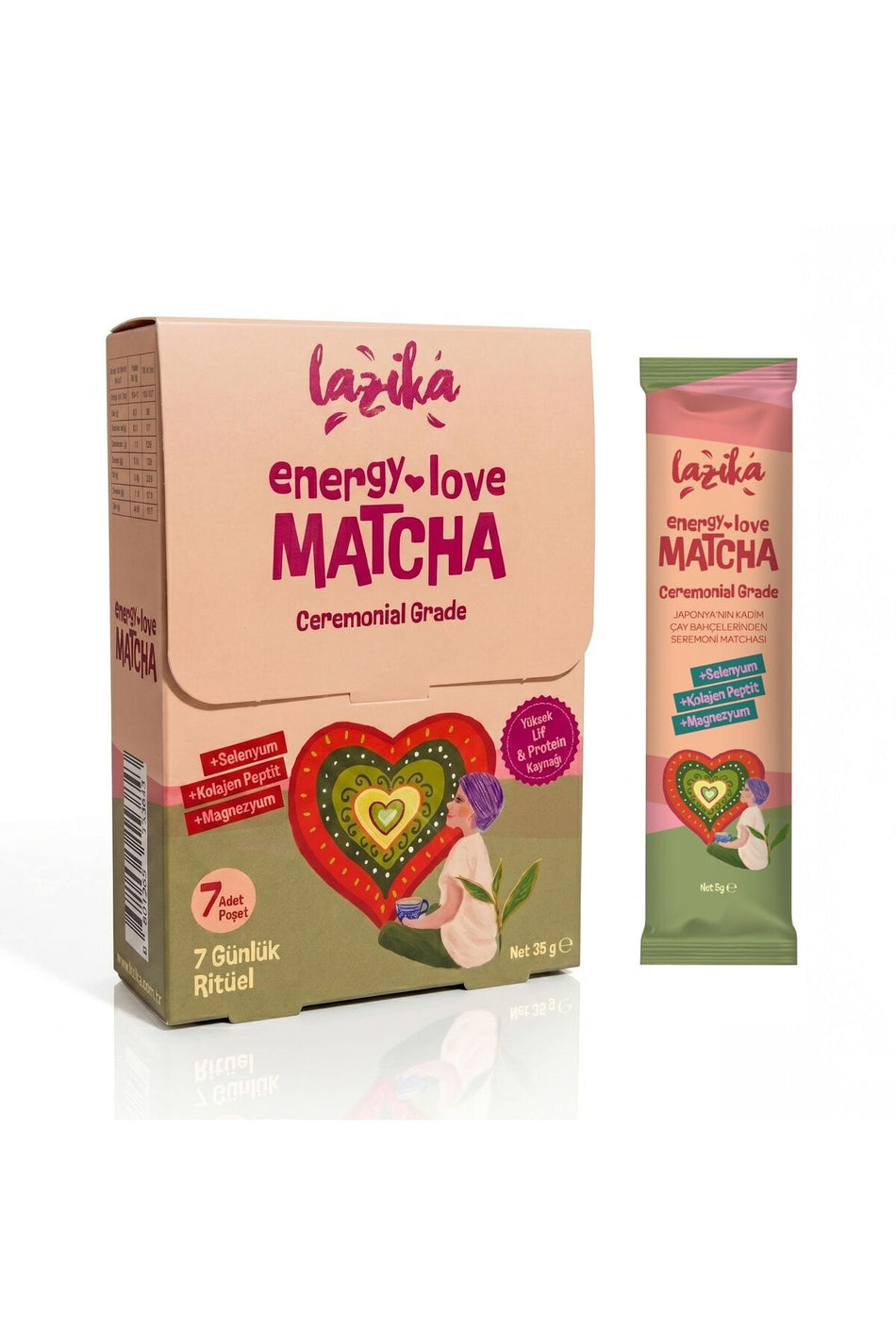LAZIKA Love Matcha, 7 саше (35 г) — церемониальная матча, пептиды коллагена, свёкла и гибискус, натуральный клубнично-шоколадный вкус