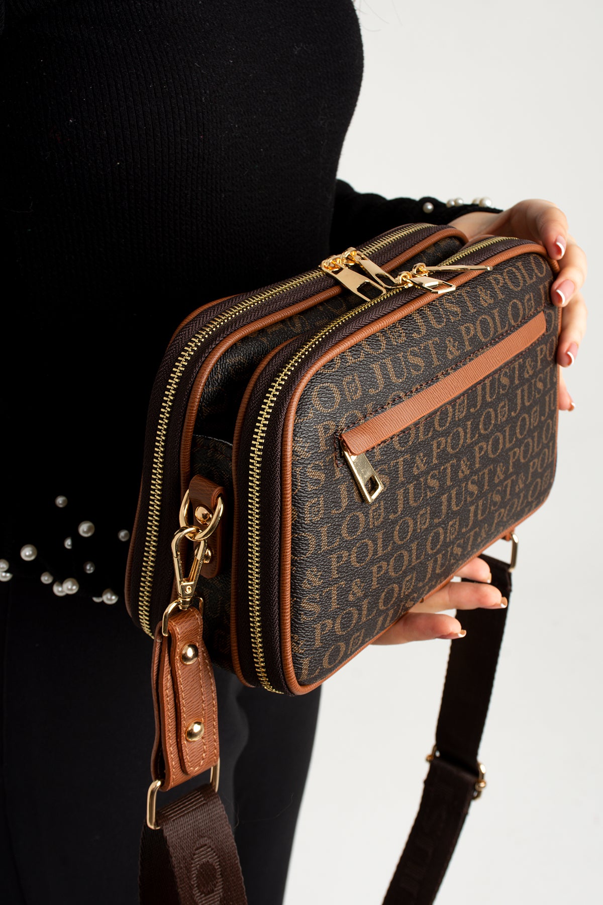 Just Polo Brown Original Women's New Season 5-Compartment Luxury Soft Leather Adjustable Crossbody Shoulder Bag - MALLTURK