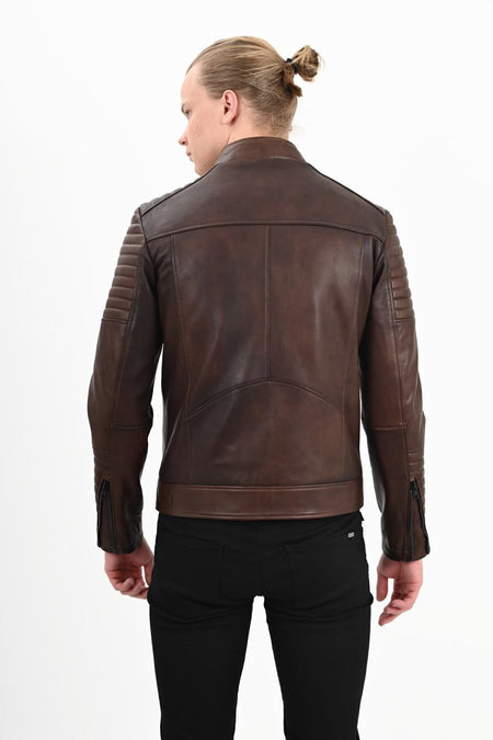 ALIN Sandor Men's Genuine Leather Embossed Stitch Leather Jacket Brown