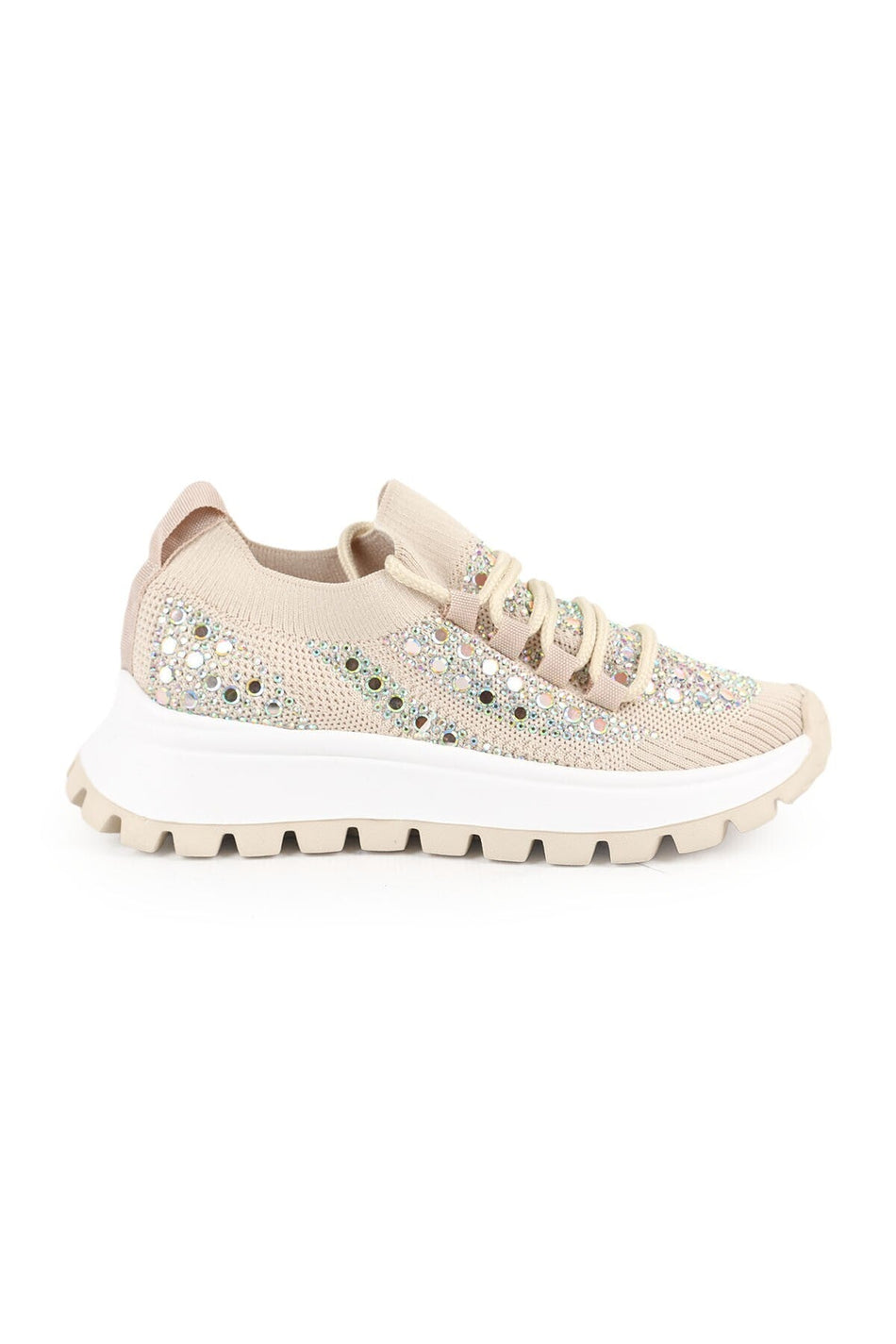 Sneakers Wanita berbahan rajut dan kain elastis, berhias batu, dengan sol EVA tebal berprofil lug, sepatu olahraga kasual L085.k201