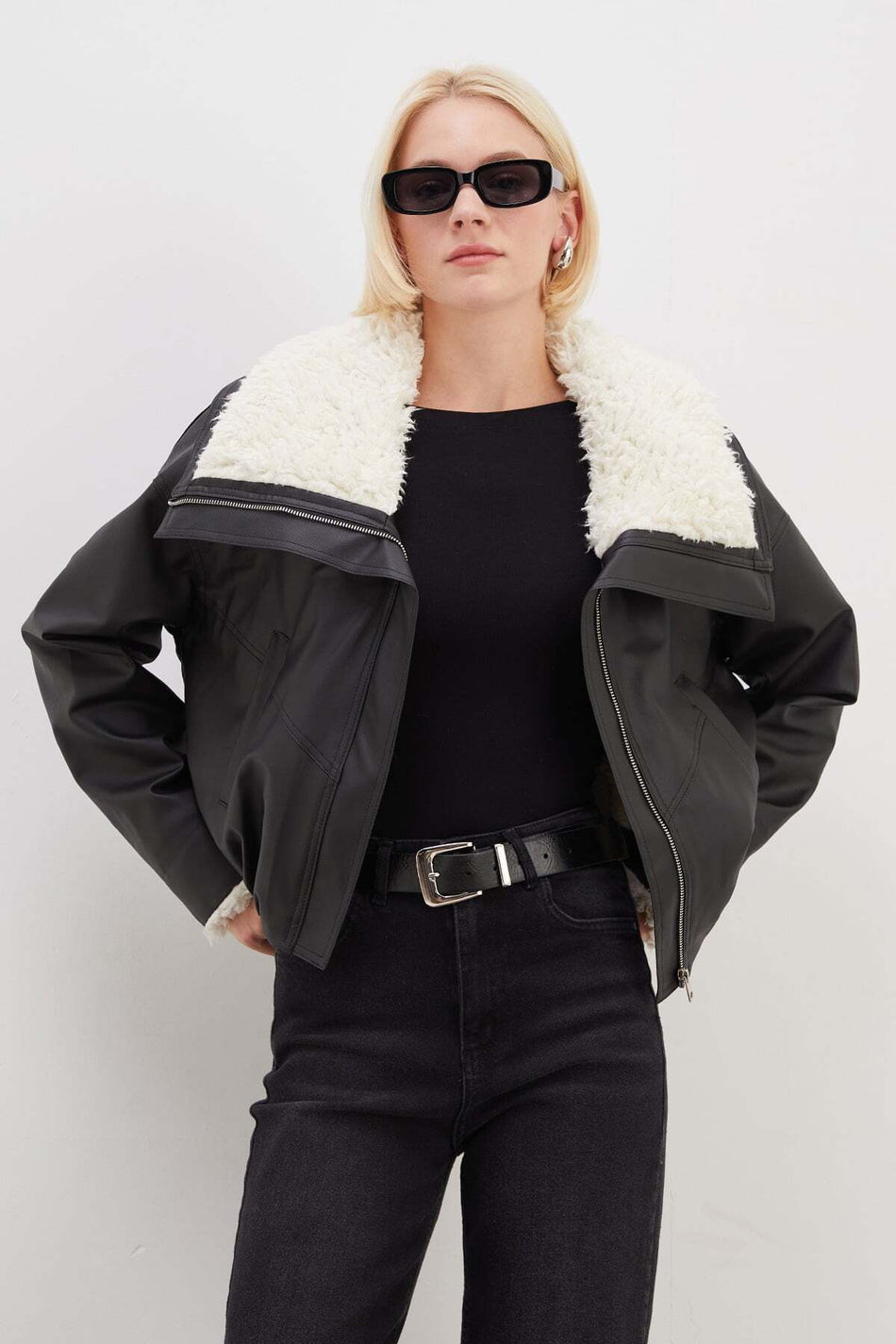 Faux Leather Bomber Coat with Fur Sleeves and Collar