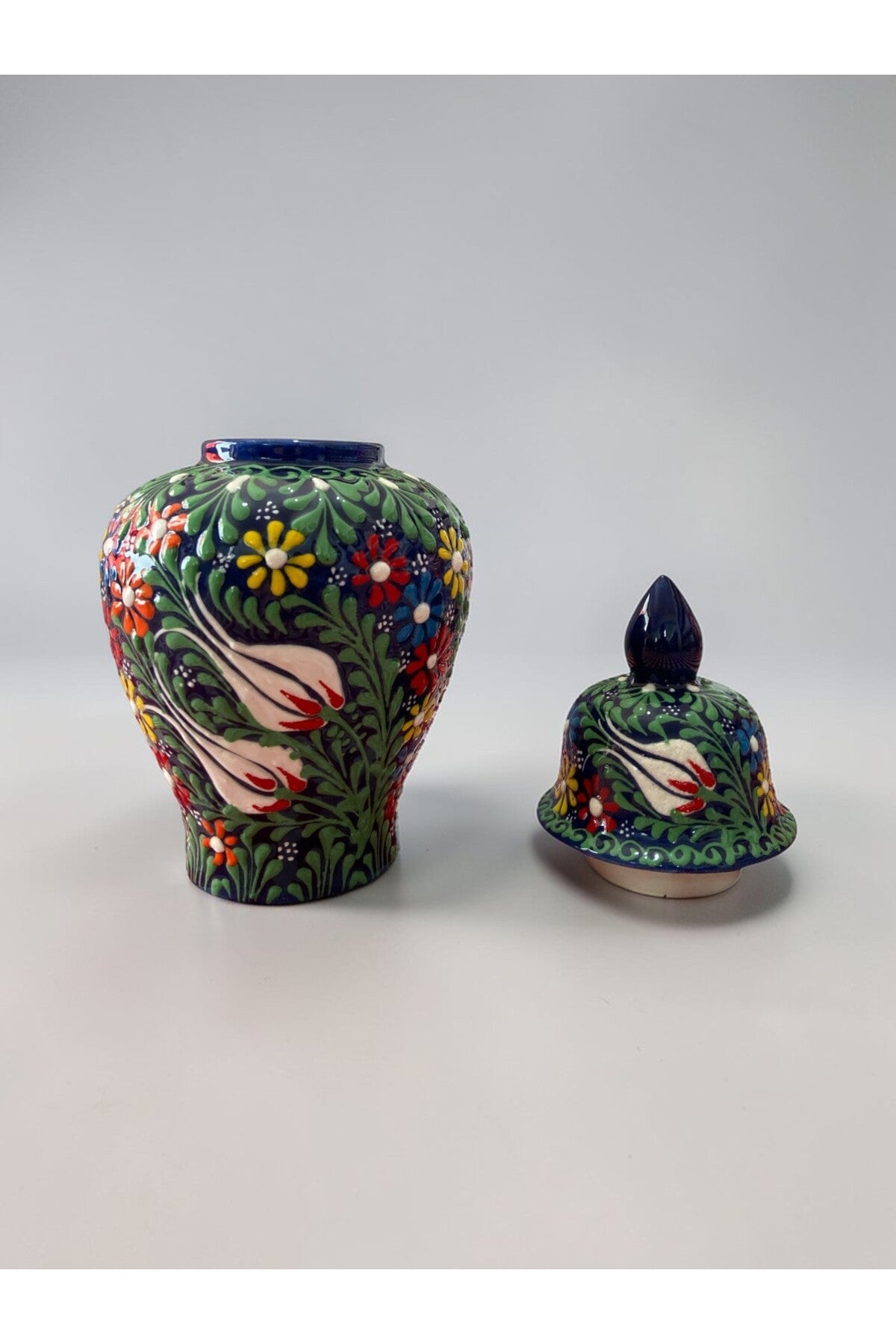 YOOS Handmade 25cm Embossed and Lace Work Navy Blue Shah Cube Ceramic Vase - MALLTURK